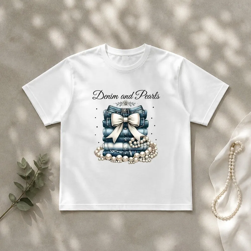 Summer Clothing Must Haves - Women's Denim Pearl Print Crew Neck