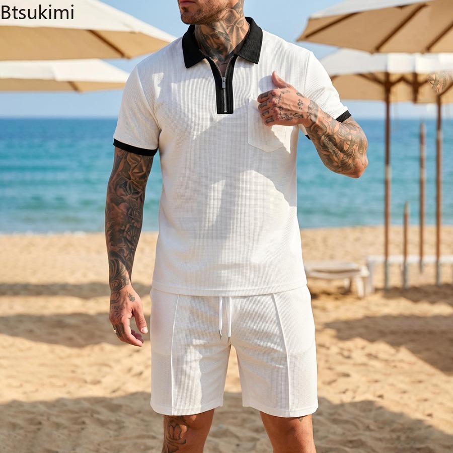 Mens Waffle Collar Polo Short  - Summer Vacation Clothing Men 评论和价格