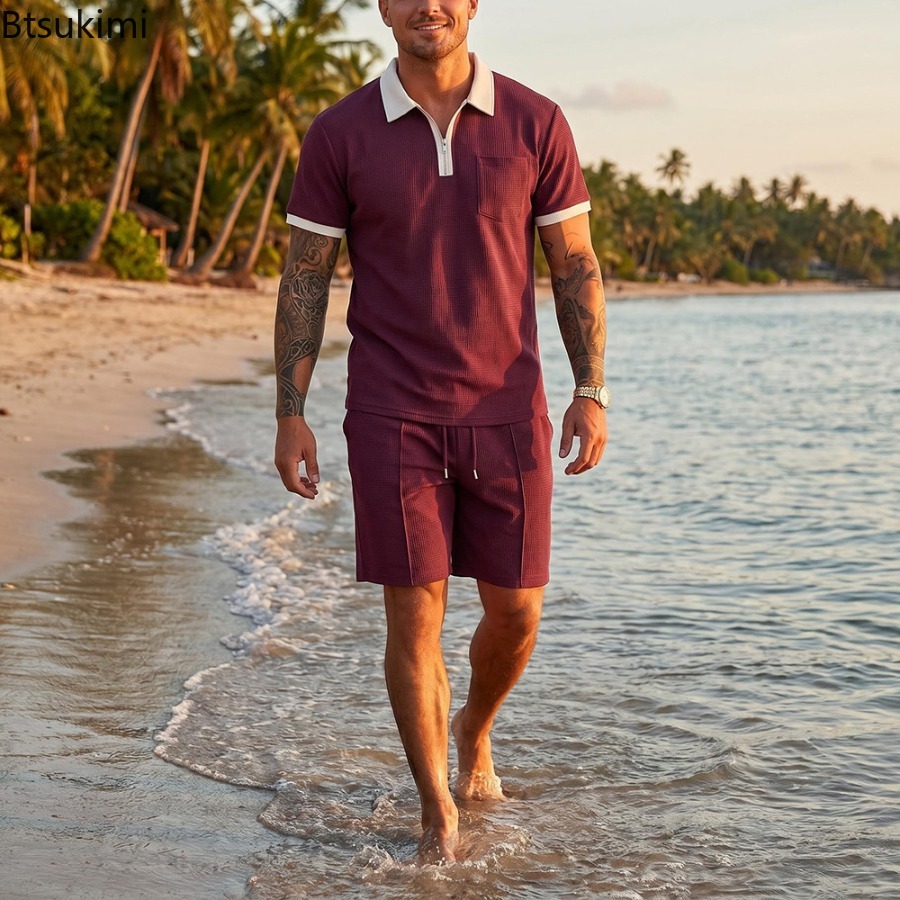 Mens Waffle Collar Polo Short  - Summer Vacation Clothing Men 评论和价格