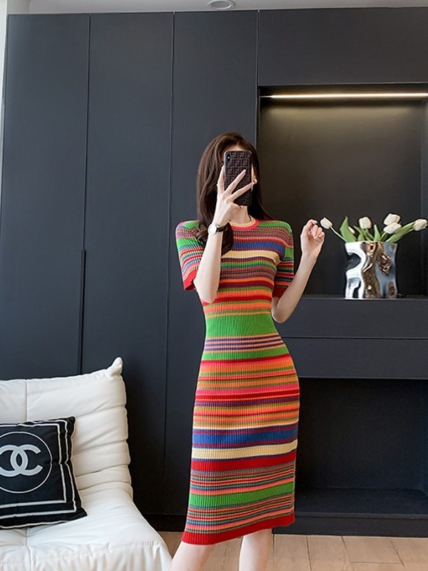 Retro round Neck  Striped Dres - Summer Line Clothing Brand 评论和价格